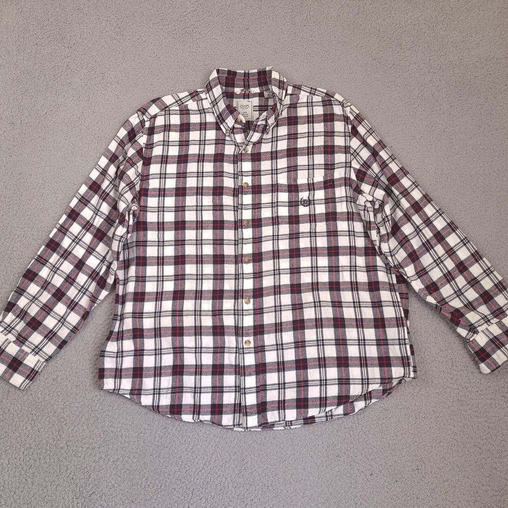 Chaps Button Up Flannel Shirt Men's Large White Black Red Plaid 100% Cotton